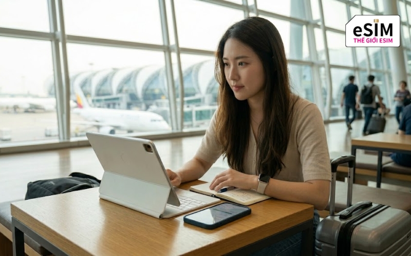 Máy tính bảng có thể dùng eSIM trực tiếp hoặc kết nối Wi-Fi phát từ điện thoại.